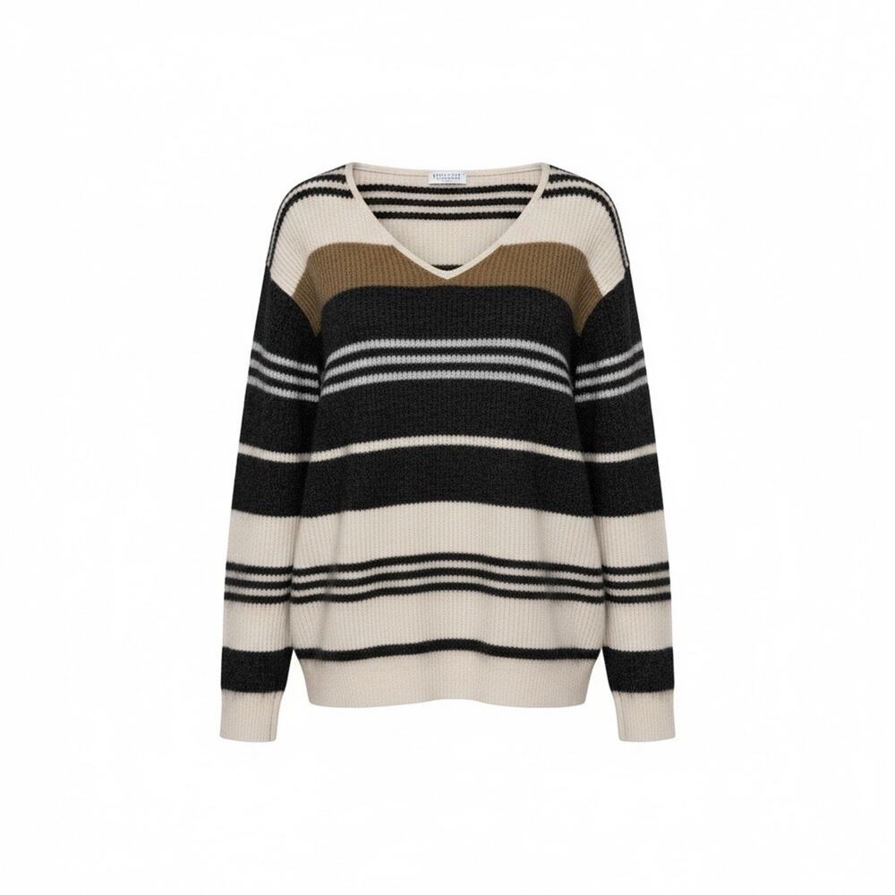 Brunello Cucinelli Cashmere Silk Wool Striped V Neck Sweater IT 42 M